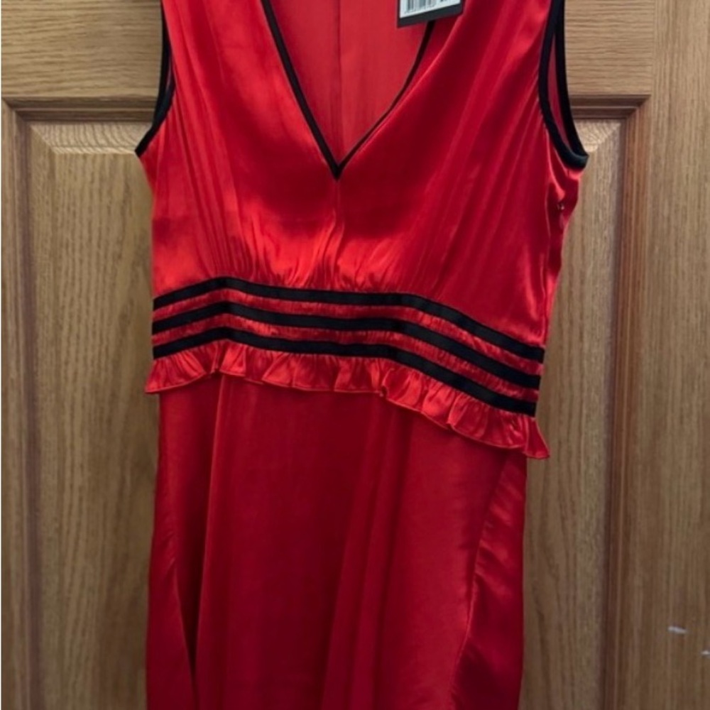 NWT The Kooples Red V-Neck Satin Dress with Black Waist Trim - Picture 7 of 10